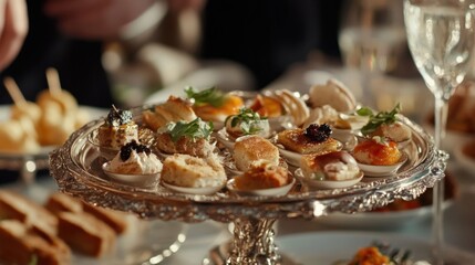 Fototapeta premium An array of delicately plated hors doeuvres on a silver tray viewed against the backdrop of a softfocus gathering of diplomats mingling highlighting the fusion of culinary arts and