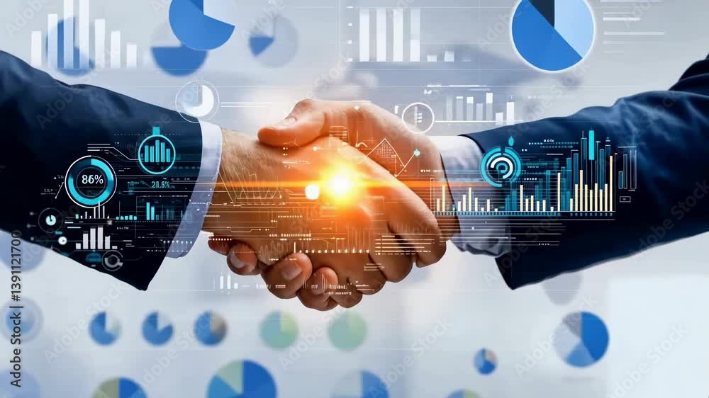 Fototapete A handshake signifies an agreement, digitally enhanced with data visualizations and charts. It suggests a modern, data-driven business environment where decisions are based on analytics and insights.