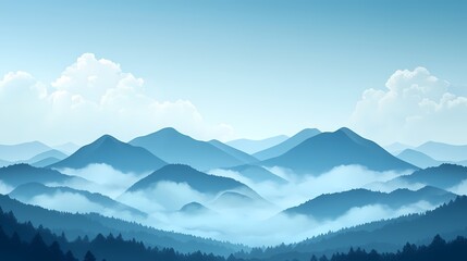 Scenic Mountain Landscape: Serene Blue Horizon and Misty Silhouettes in Nature's Summer View