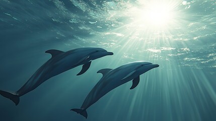 Obraz premium Two dolphins gliding gracefully underwater with sunlight filtering through ocean surface