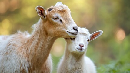 Fototapeta premium Adorable goat kid standing outdoors suckling from nanny goat in natural pasture setting