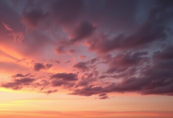 Obraz premium Sunset hues paint the sky, soft oranges and pinks bleed into grey and dark clouds, landscape, clouds