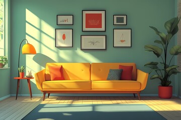Elegant Modern Living Room with Yellow Sofa and Vibrant Artwork for a Bright and Cozy Style