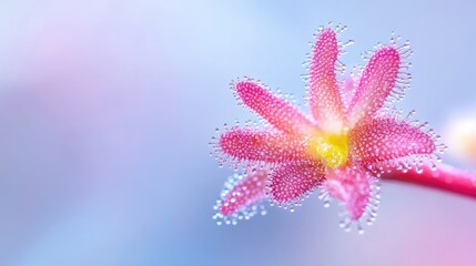 Fototapeta premium Close-up of a delicate pink flower. Tiny hairs and dew drops are visible on the petals