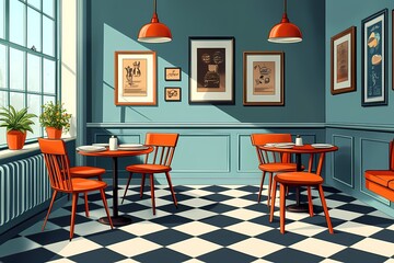 Modern Restaurant Cafe Interior Design with Cozy Wooden Furniture and Blue Wall Art