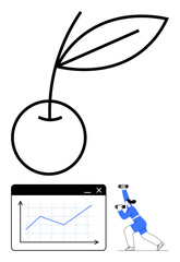 Abstract leaf outline suggesting growth, rising line graph symbolizing progress, and person observing with binoculars. Ideal for business strategy, growth, discovery, innovation, analytics, success