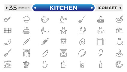 Kitchen outline icon set. Fork, spoon, knife, plate, chef hat, and cloche or tray icon. Cutlery icon set in line and flat style. Dinnerware icon symbol. Editable stroke outline icon.