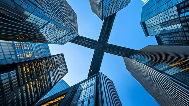 An upward-facing perspective capturing towering height of multiple modern office buildings linked by skywalks. The buildings reflect clear sky, highlighting urban landscape , architectural design.
