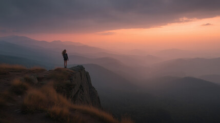 hiker standing on a cliff edge watching sunset over mountain valley