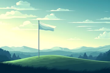 Beautiful Summer Golf Course Landscape: Scenic Mountain View with Flag and Sky"
