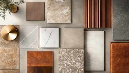 Diverse collection of tiles and materials for interior design.  Various colors, textures, and styles showcased