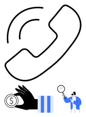 Telephone receiver, coin in hand, person with magnifying glass, and bar graph symbolize connectivity, financial exchange, inquiry, ideas, teamwork growth and technology. Ideal for flat simple