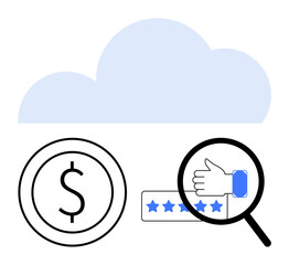 Cloud background, dollar sign, review stars with thumbs-up, and magnifying glass. Ideal for technology, customer feedback, online reviews, ecommerce, financial growth user satisfaction data
