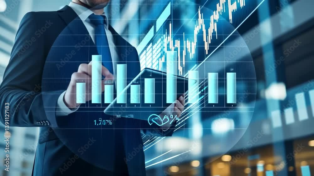 Poster a professional in a suit holds a tablet, showcasing financial charts overlaid on the screen. the bac