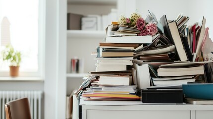 Cluttered Workspace.  A high pile of disorganized books, papers, and miscellaneous items sits on a white surface, suggesting a busy or overwhelmed environment