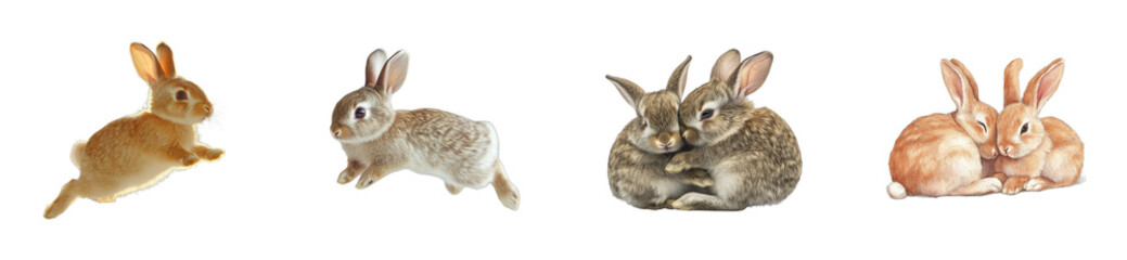 Playful rabbits hopping in nature wildlife outdoor scene. Cut out set