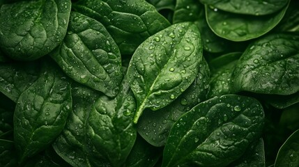 Background from fresh green spinach leaves with water drops. Texture of raw organic baby spinach close up. Food background