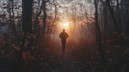 Fototapeta premium Silhouette of runner in misty forest at sunrise.
