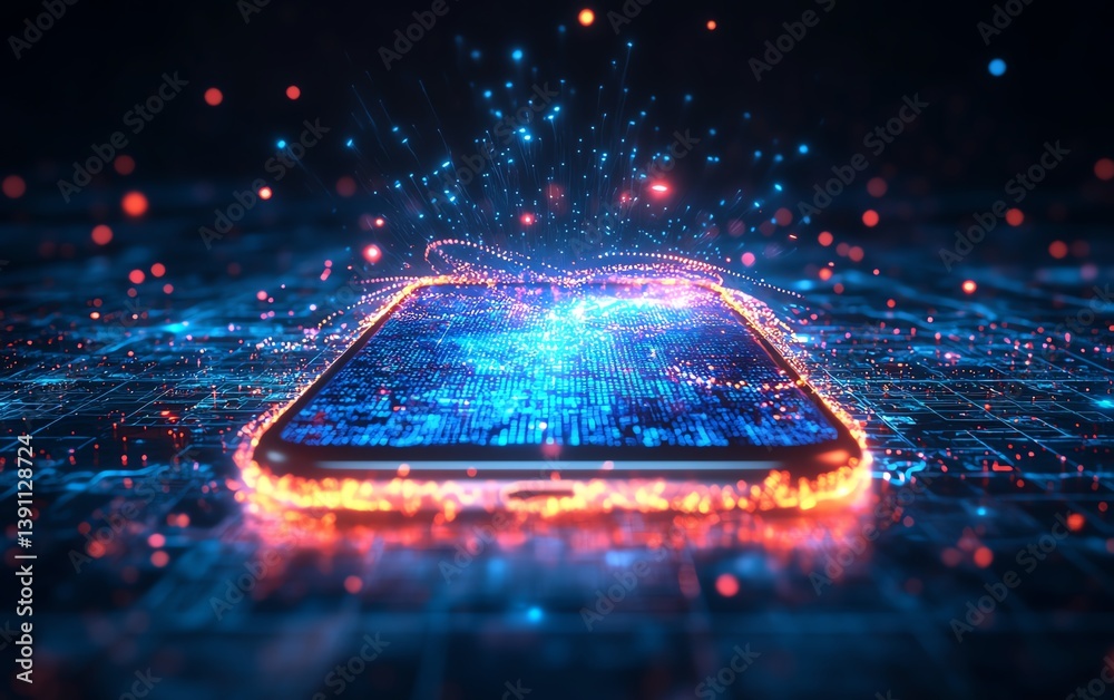 Poster Smartphone glowing with AIdriven data visualizations of global connectivity, seamless digital networks, futuristic urban tech concept