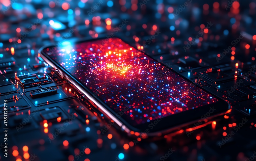 Poster Smartphone glowing with AIdriven data visualizations of global connectivity, seamless digital networks, futuristic urban tech concept