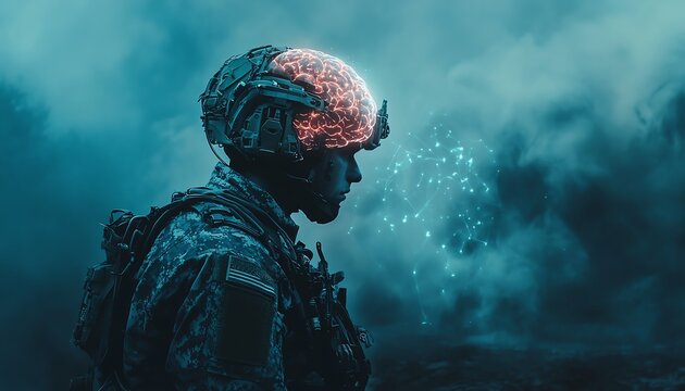 Soldier with advanced neural pathways and glowing brain, military neurotechnology enhancing battlefield awareness, hightech warfighter profile, futuristic design