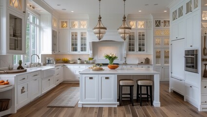 Amazing Luxury Kitchen Interior in white with wooden floor and kitchen island