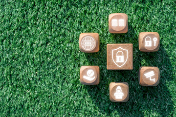 Wooden blocks with privacy icons on grass, symbolizing data security and personal information...