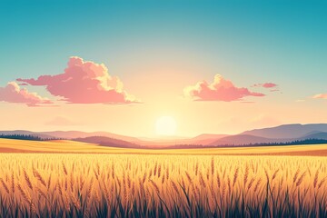 Fototapeta premium Vibrant Sunset over Wheat Field: Picturesque Rural Landscape Art with Colorful Sky and Peaceful Scenery