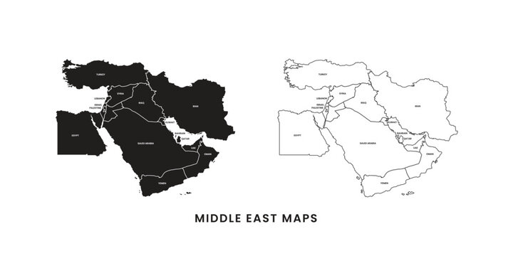 Middle East map vector free. Middle East map with county shape in single color. Vector map of geopolitical region middle east.