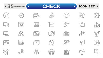 Checkmark outline Icons set. Check, approve, ticks, quality check, confirm, correct, checklist, and verified.  Editable stroke outline icon.
