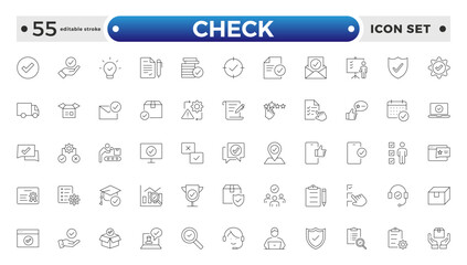 Checkmark outline Icons set. Check, approve, ticks, quality check, confirm, correct, checklist, and verified.  Editable stroke outline icon.
