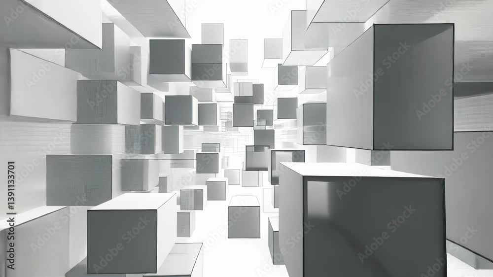 Poster a composition floating cubes varying shades white , grey. the cubes are positioned create sense dept