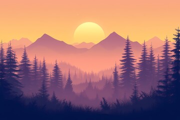 Serene Mountain Sunset Landscape with a Scenic Forest Silhouette: A Picturesque Nature Scene Featuring a Colorful Sky and Tranquil Twilight Atmosphere