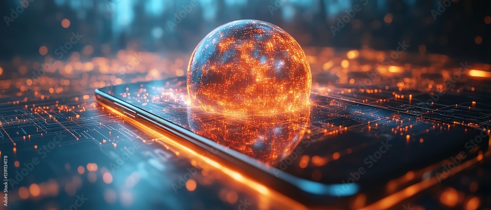 Aufkleber Mobile phone displaying a virtual globe with AIgenerated data connections, hightech network visualization, glowing circuits, modern design