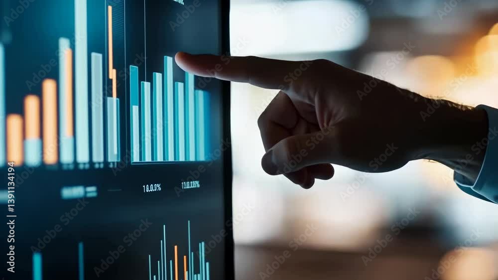 Aufkleber An individual's hand is pointing at digital screen displaying charts, highlighting data analytics , financial trends. The background bokeh creates focused , modern atmosphere, emphasizing technology.