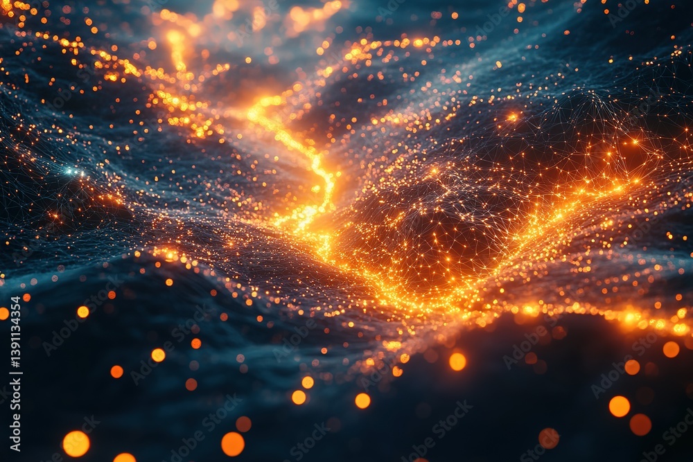 Poster abstract data network with glowing nodes and connections against a dark background