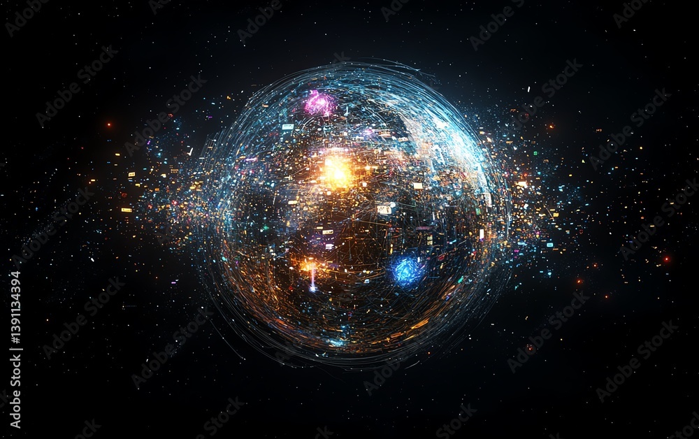 Aufkleber Worldwide data explosion visualized through glowing networks, cloud icons, and usergenerated content orbiting the globe, tech fantasy art