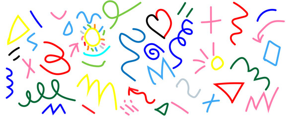 Modern basic shapes set: star, arrow, triangle, circle, heart, zigzag, spiral, wavy lines. Trendy Memphis geometric pattern. 