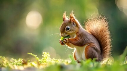 Obraz premium Red squirrel eating a nut in lush green forest, close-up of wildlife