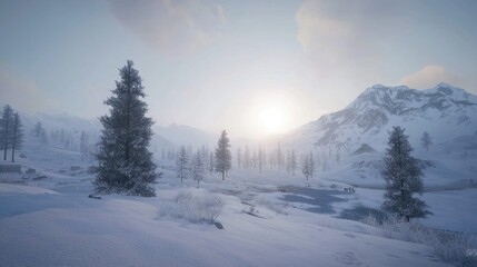 Fototapeta premium Sunlit winter landscape with snow-covered mountains, trees, and a frozen lake.