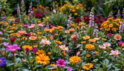 Fototapeta premium Botanical Garden Create a detailed garden filled with diverse plants and flowers, showcasing a multitude of colors and textures.