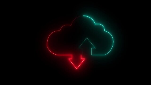 Neon digital cloud icon, data transfer animation. Glowing neon cloud storage with arrows, looped animation. Cloud space and technology, data backup, file repository, upload database icon isolated