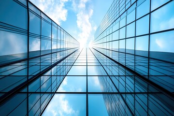 Obraz premium Looking Up at Modern Architecture: Sky and Clouds Reflected in Glass Building Facade