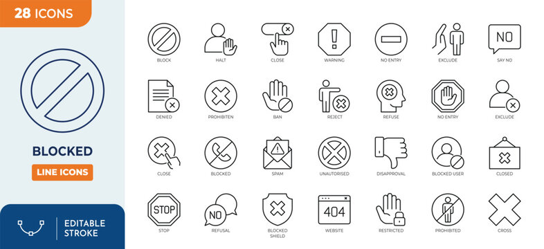 Blocked icon set. Containing forbidden sign, prohibited, banned, error, refuse, close, reject and more. Vector illustration. Editable stroke	