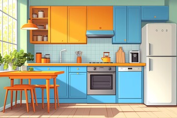 Modern Colorful Kitchen Interior Design with Blue Cabinets and Orange Accents - Vibrant Home Decor and Cozy Dining Area