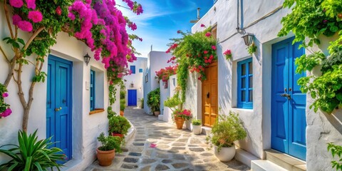 Obraz premium Traditional Greek island alley with blue doors and whitewashed houses surrounded by lush greenery and colorful flowers, serene landscape, blue doors