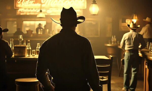 Cowboy walking toward the entrance of a bar, preparing for a night of bargaining and conversation under the moonlight.
