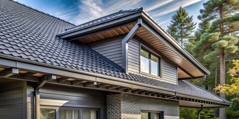 Modern roof with metal gutter guard and shingles installed on a house, showcasing its sleek design and functionality , house exterior, gutter guard
