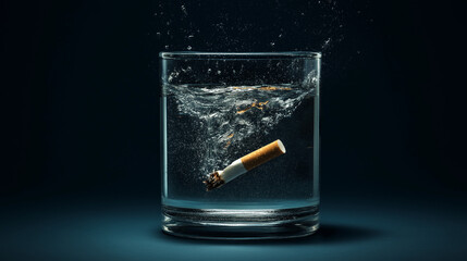 Cigarette Extinguished in a Glass of Water, Symbolizing the End of Smoking, Space for Text