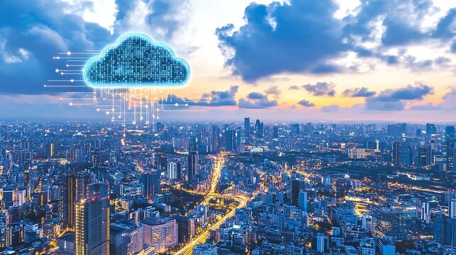 Cloud computing services over a modern cityscape.  A large cloud graphic hovers above a bustling city at twilight, signifying digital data transmission and connectivity